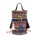 National Style Wave Seam Tassel Embellishment Multi-color Portable Crossbody Bucket Bag 12*12*17 CM