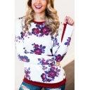New Fashion Floral Print Contrast Hem Round Neck Long Sleeve T-Shirt for Women