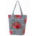 Creative National Style Plaid Floral Printed Black and White Tote Shopper Bag 27*11*38 CM