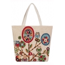 Unique Colored Floral Owl Pattern Beige Canvas Shoulder Tote Bag 35*10*38 CM