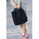 Trendy Plain Rivet Embellishment Black Canvas Shoulder Handbag