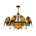 Dome Shade Suspension Light with Parrot 9 Lights Tiffany Style Stained Glass Chandelier for Restaurant