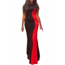 Women's Sexy Round Neck Sleeveless Colorblock Printed Bodycon Maxi Black Dress