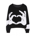 Cool Funny Finger Heart Gesture Printed Round Neck Long Sleeve Pullover Casual Sweatshirt