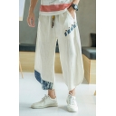 Guys Vintage Chinese Style Patched Drawstring Waist Linen Cropped Bloomers Pants