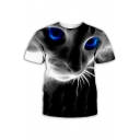 New Trendy Unique Cool 3D Cat Printed Basic Short Sleeve Round Neck Grey T-Shirt