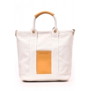 Fashion Colorblock Leather Patched Portable Canvas Shoulder Tote Bag for School 26*27*13 CM