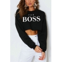 Women's Simple Cool Letter YES BOSS Printed Round Neck Long Sleeve Cropped Sweatshirt