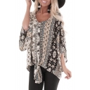 Vintage Tribal Printed V-Neck Batwing Sleeve Knotted Hem Casual Chiffon Blouse Top