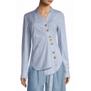 Classic Blue Pinstripe Print V-Neck Long Sleeve Irregular Button Down Fitted Shirt Blouse