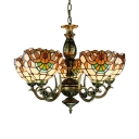Tiffany Style Dome Chandelier 5 Lights Stained Glass Carved Pendant Lamp for Study Room