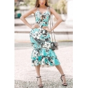 Summer Fashionable Floral Leaf Printed Bow-Tied Cutout Front Sleeveless Maxi Ruffled Cami Dress