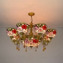 Stained Glass Flower Chandelier Living Room 9 Lights Tiffany Style Rustic Pendant Light with Crystal