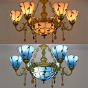 Glass Dome Pendant Light with Crystal 7 Lights Tiffany Style Chandelier in Blue/Yellow for Restaurant