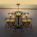 Stained Glass Dome Shade Chandelier Tiffany Style Antique Hanging Lamp with Amber Crystal for Hotel