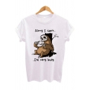 I'M VERY BUSY Letter Cartoon Sloth Printed White Round Neck Short Sleeve Tee