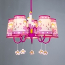 Creative Tapered Shade Chandelier Metal 5 Lights Pink Hanging Lamp with Cartoon for Girl Bedroom