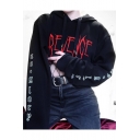 Popular Letter Embroidered Drawstring Long Sleeve Black Cropped Hoodie
