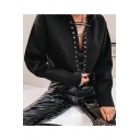 Girls Cool Street Fashion Long Sleeve Eyelet Lace-Up Front Black Cropped Hoodie
