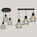 Industrial Cage Pendant Light Metal 3 Lights Black Hanging Lamp with Linear/Round Canopy for Restaurant