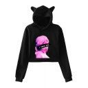 Vaporwave Funny Figure Letter I NEED YOU Cute Cat Ear Cropped Relaxed Hoodie
