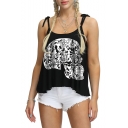 Summer Fashion Pattern Bow-Tied Strap Casual Loose Black Cami Top for Girls