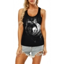 Summer Fashion Wolf Pattern Hollow Out Back Scoop Neck Black Slim Tank Top