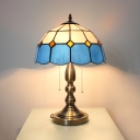 Blue Grid Bowl Desk Light Two Heads Tiffany Traditional Glass Table Light with Pull Chain for Restaurant