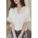 Summer Chic Lace-Trimmed V-Neck Short Sleeve Casual Loose Chiffon Blouse Top