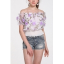 Summer Chic Floral Pattern Sexy Ruffled Off the Shoulder Short Sleeve Gathered Waist White Chiffon Blouse