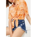 Stylish Yellow Tie Dye Short Sleeve Flap Pocket Chest Casual Loose Button Down Shirt