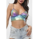 Women's Sexy V-Neck Sleeveless Colourful Laser Cropped Silver Cami Top