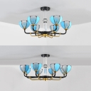 Traditional Dome Shade Chandelier Glass 6/8 Lights Blue Hanging Light for Dining Room