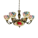 Colorful Flower Pendant Light 9 Lights Tiffany Style Antique Art Glass Chandelier for Living Room