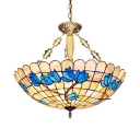 Beige Dome Shade Pendant Light 4 Lights Antique Style Stained Glass Chandelier for Living Room