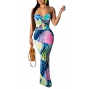 New Trendy Off The Shoulder Sleeveless Printed Bodycon Bandeau Maxi Blue Dress For Women