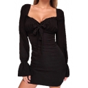 Chic Simple Plain Bow-Tied Square Neck Flared Long Sleeve Mini Black Bodycon Dress