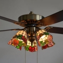 5 Lights Floral Ceiling Fan Rustic Stained Glass Semi Flush Mount Light with Blade for Restaurant
