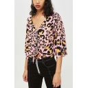 Womens Stylish Leopard Printed V-Neck Zipper Front Knotted Hem Blouse Top