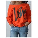 Hot Fashion Women's LOVE Letter Print One Shoulder Long Sleeve Casual Pullover Sweatshirt
