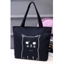 Cute Cartoon Cat Printed Black Canvas School Shoulder Bag 33*8*40 CM