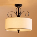Drum Living Room Semi Flush Ceiling Light Fabric Metal 5 Lights American Rustic Ceiling Lamp in White