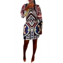 Fashion Colorful Tribal Printed Round Neck Long Sleeve Oversized Bodycon Mini Dress