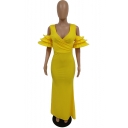 Women's New Stylish V-Neck Cutout Short Sleeve Plain Casual Maxi Nightclub Bodycon Yellow Dress