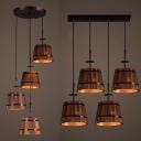Antique Barrel Ceiling Pendant Wood 4 Lights Brown Hanging Light with Linear/Round Canopy for Shop