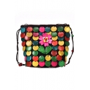 Summer Fashion Colored Bead Flower Embellishment Hollow Woven Crossbody Beach Bag 12*5*14 CM