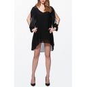 Womens Summer Basic Simple Plain Black V-Neck Hollow Out Sleeve Mini Chiffon Dress