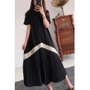 Unique Chevron Striped Printed Round Neck Short Sleeve Maxi Casual Pleated T-Shirt Dress