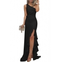 Womens New Trendy Solid Color One Shoulder Sleeveless Split Front Maxi Ruffled Party Evening Gown Dress