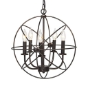 Candle Living Room Chandelier with Globe Cage Metal Five Lights Colonial Style Hanging Light in Black